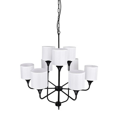 PAKOKULA 9-Light Matte Black Traditional Branch Chandelier with White Fabric Shade