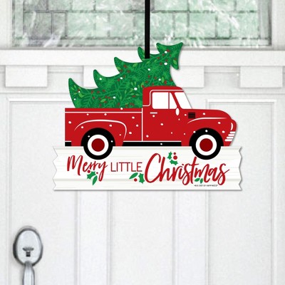 Big Dot of Happiness Merry Little Christmas Tree - Hanging Porch Red Truck Christmas Party Outdoor Decorations - Front Door Decor - 1 Piece Sign