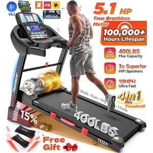 5.1HP Folding Treadmill for Home with 15% Auto Incline,300-400 LB Capacity,Adjustable iPad Holder, 10MPH Speed, 71 Programs,Knee Straps Gift - 1 of 4