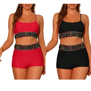 INSPIRE CHIC Women's Contrast Color High Waisted Scoop Neck Swimsuit Bathing Suit 2 Sets - 1 of 4