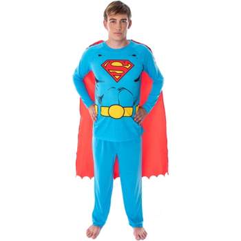 DC Comics Men's Superman Costume Raglan Shirt And Pants Pajama Set with Cape Classic Superman