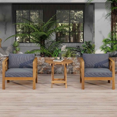 3 PCS Patio Conversation Set, 2 Arm Chairs with Foldable Side Table,  Acacia Wood Frame Chairs with Polyester Cushion-Coolbibila