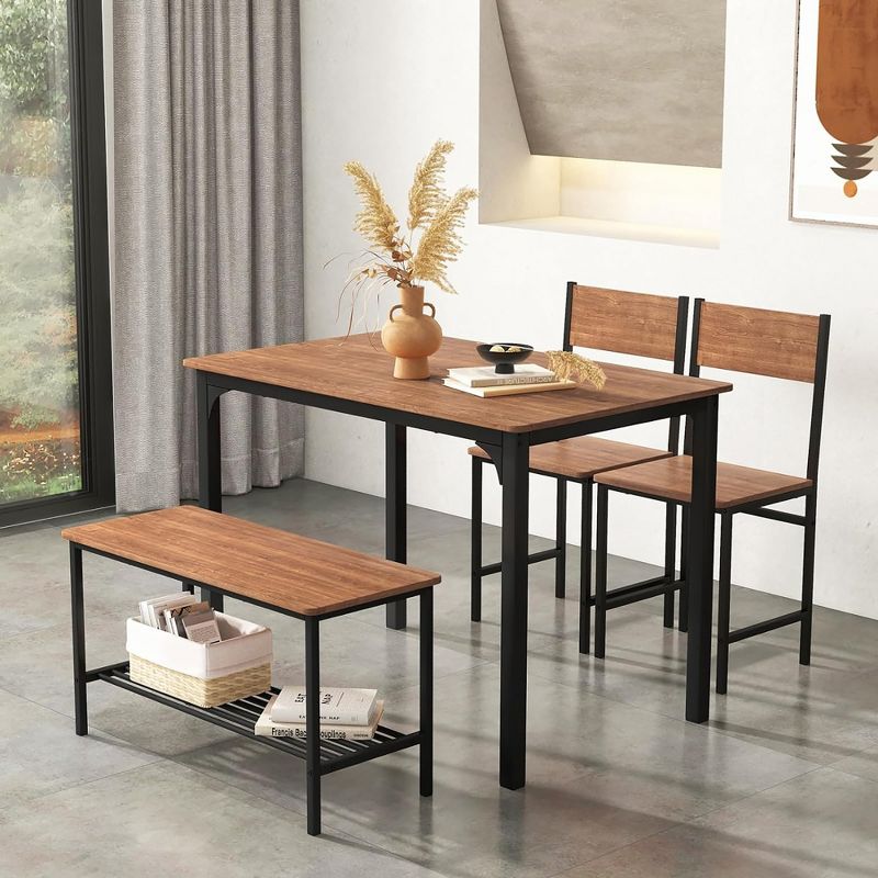 Tangkula Dining Table Set for 4 Dinette Set w/Bench & Chairs 2-Person Kitchen Table and Chairs w/Metal Frame & Storage Rack, 3 of 11