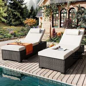 Jojoka 2pc Outdoor Chaise Lounge Chairs, PE Rattan Pool Loungers with Cushions, 5-Position Adjustable Backrest, Cup Holder, for Patio, Deck, Garden - 1 of 4