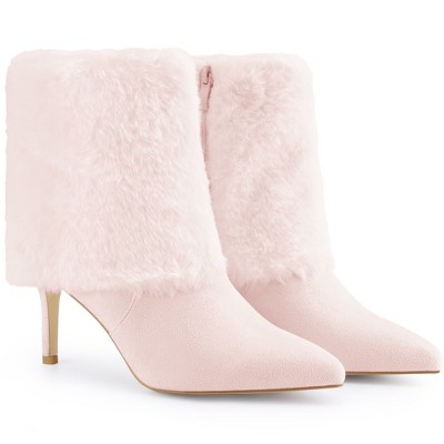 BLISSFUL STEP Women's Faux Fur Stiletto Heel Pointed Toe Ankle Boots