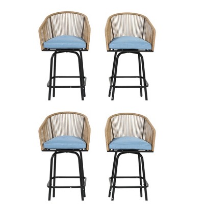 Outdoor Bar Stools Set of 4, 4-Piece Patio Bar Stools W/Armrests, All Weather Rattan Bar Chairs with Backrest, Wicker Bar Stools for Backyard, Garden