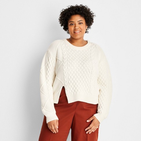Women's Cropped Cable Knit Crewneck Sweater - Future Collective