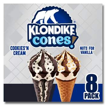 Klondike Cookies & Cream + Nuts for Vanilla Cones Frozen Dairy Dessert - 8ct