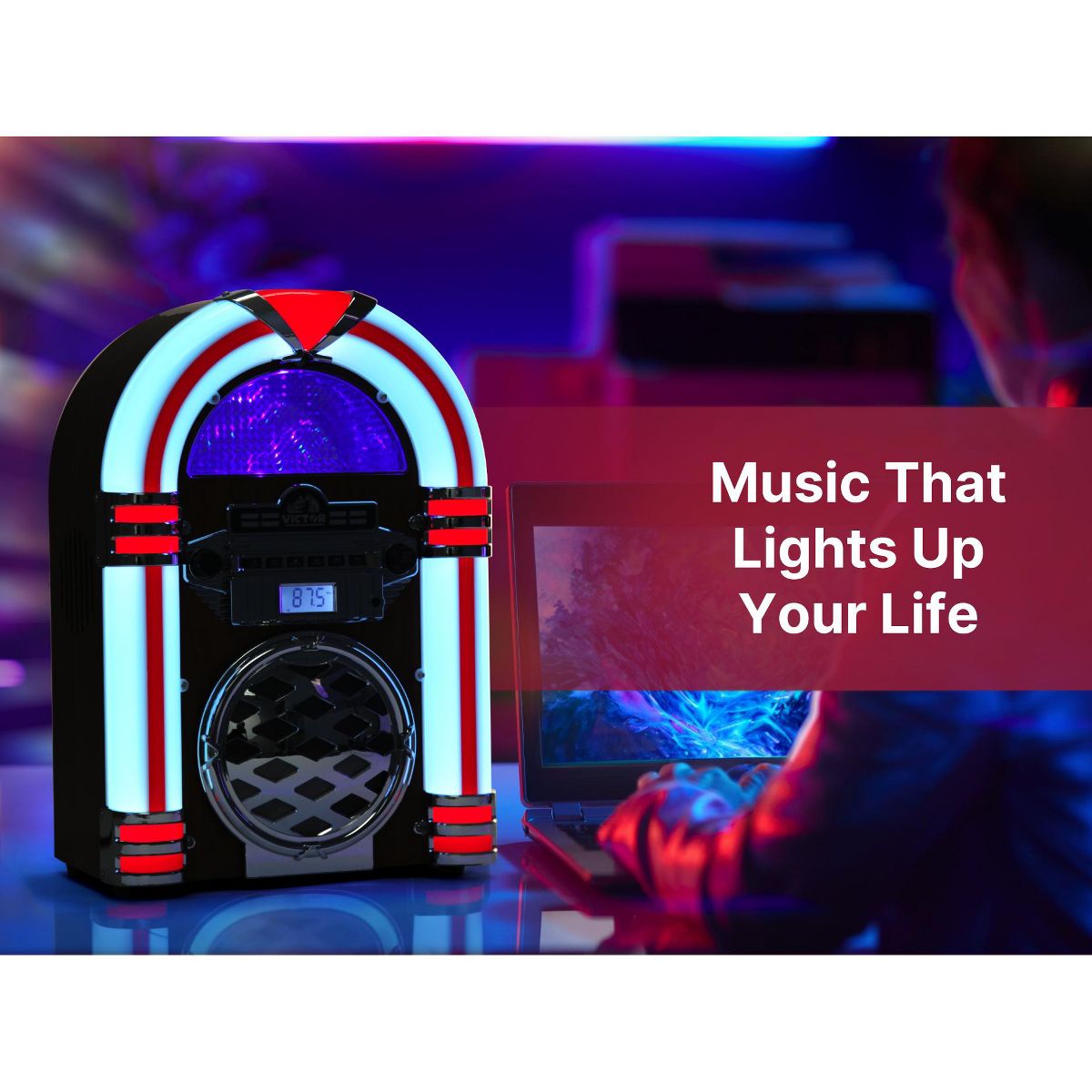 Victor Retro Bluetooth Jukebox with CD Player & FM Radio | 15-Inch 1950s Diner Style Tabletop Speaker, Color-Changing LED Lights, 33ft Wireless - thumbnail 9