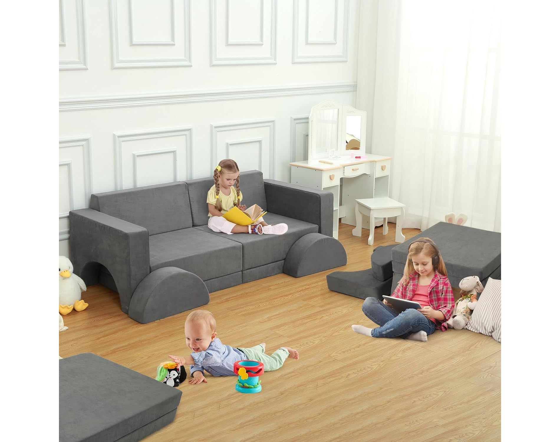 Coucheta 8-Piece Kids Play Couch, Modular Toddler Sofa with Removable Washable Cover, Convertible Couch for Playroom & Nursery