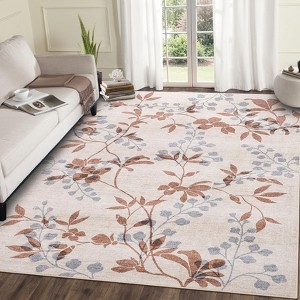 Washable Modern Leaves Print Rug, Non Slip Stain Resistant Botanical Low Pile Carpet for Living Room Bedroom Dining Home Office - 1 of 4