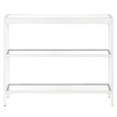Streamlined White Metallic 36" Console Table with Tempered Glass Shelves