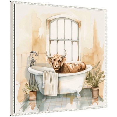 Kate & Laurel All Things Decor 30"x30" Sylvie Highland Cow Bathroom Watercolor Framed Canvas by The Creative Bunch Beaded White