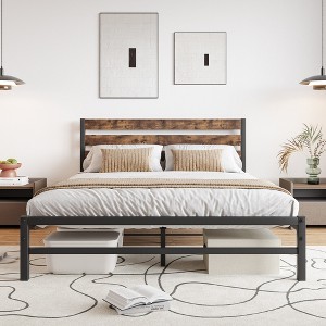 GDFStudio Ivar Modern Metal Platform Bed Frame with Wooden Headboard and Under Bed Storage - 1 of 4