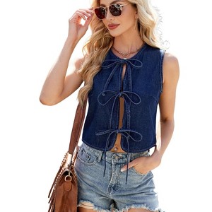Womens Sexy Denim Vest Tie Up Front Sleeveless Jean Tank Top Low Cut Tight Fit Fashion Cropped Vest Jackets - 1 of 4