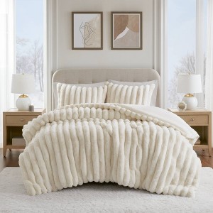 AENKYO Queen Faux-Fur Comforter Set, Reversible Ribbed Velvet & Plush 3-Piece Bedding, All-Season Midweight Luxury in Ivory - 1 of 4