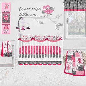 Bacati - Owls in the Woods Pink Fuschia Gray 10 pc Crib Bedding Set with Long Rail Guard Cover - 1 of 4