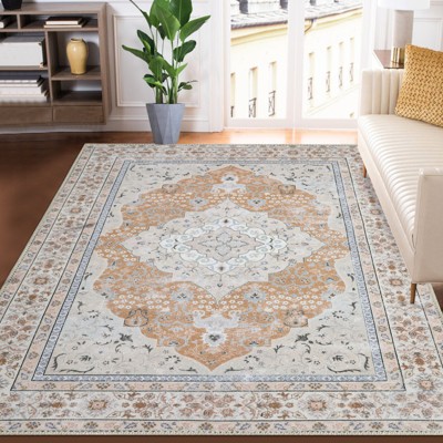 Traditional Vintage Medallion Washable Area Rug – Oriental Oriental Carpet with Non-Slip & Stain Resistant | Indoor Living Room, Decor Rug