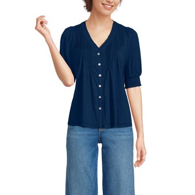 Lands' End Women's Button Pintuck Puff Sleeve Top