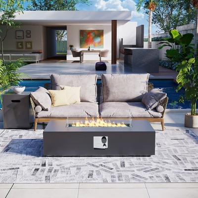56-inch Outdoor Rectangular Fire Pit Table Propane for Outside Patio with Tank Cover and Wind Guard