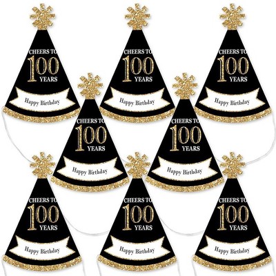 Big Dot of Happiness Adult 100th Birthday - Gold - Mini Cone Birthday Party Hats - Small Little Party Hats - Set of 8