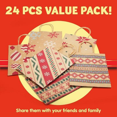 Assorted Kraft Christmas Gift Bags with Festive Designs, 24-Pack