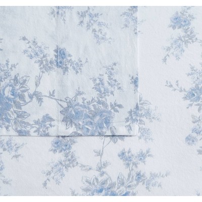 King White and Blue Cotton Floral Percale Sheet Set