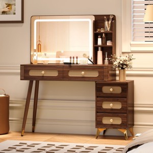 Vintage Rattan Vanity Desk with Lighted Mirror & Adjustable LED, 47" Wood Makeup Table for Bedroom-3irtyhousy - 1 of 4