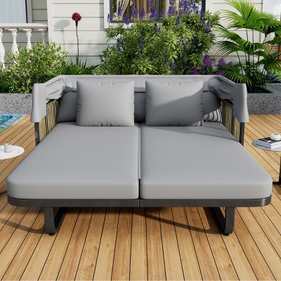 1pc Outdoor Daybed with Retractable Canopy, Rattan Wicker and Water-Repellent Cushions, Removable Pillows Included - Coolbibila