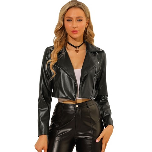 Faux Leather Long Sleeve Zip Up Crop Top - Black