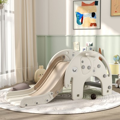 Robotime Doll Playsets 3 in 1 Toddler Slide for Years 1-3, Basketball Hoop, Elephant-Shaped Indoor Slide, Cream White, 64.20"*22.40"*29.50"