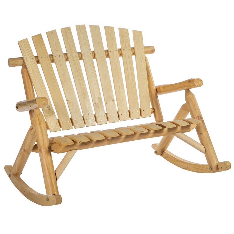 Outsunny Outdoor Adirondack Rocking Chair with Log Slatted Design, 2-Seat Patio Wooden Rocker Loveseat with High Back for Lawn Backyard Garden, 1 of 7