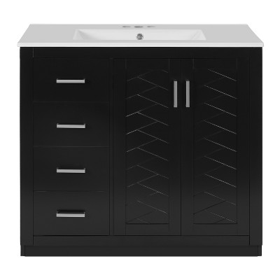 Vynxaria 36 Inch Black Freestanding Bathroom Vanity with Ceramic Sink Solid Wood Frame 3 Drawers Soft Closing Doors