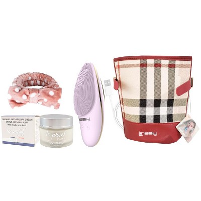 LINSAY Facial Cleansing Brush with LED Skin Therapy Bundle with Le preel Paris Organic Day Time Cream, USB Cable, Headband and Cosmetic Bag