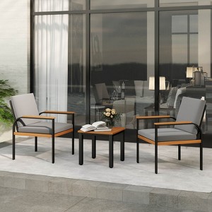 Costway 3 PCS Patio Furniture Set with Coffee Table Removable Cushions Acacia Wood Armrests Black/Gray - 1 of 4
