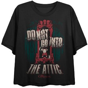 The Conjuring 4: Last Rites (2025) Child, Red Mirror, forest background, Do not go into the Attic text and logo on black Adult Crop Tee - 1 of 4