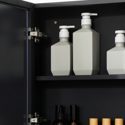 Black Wall-Mounted Medicine Cabinet with Double Mirror Doors and Storage Shelves