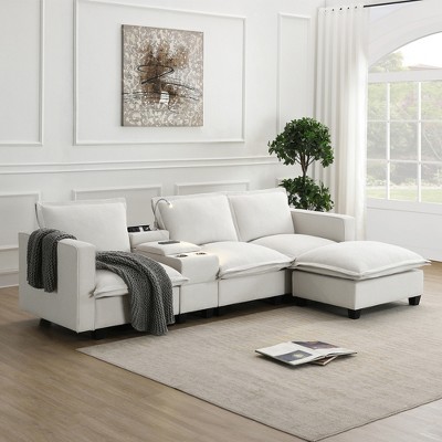 109"W Chenille Upholstered Sectional Cloud Sofa with Console, USB Charging Port, Reading Light and Cup Holder, 4Q -ModernLuxe