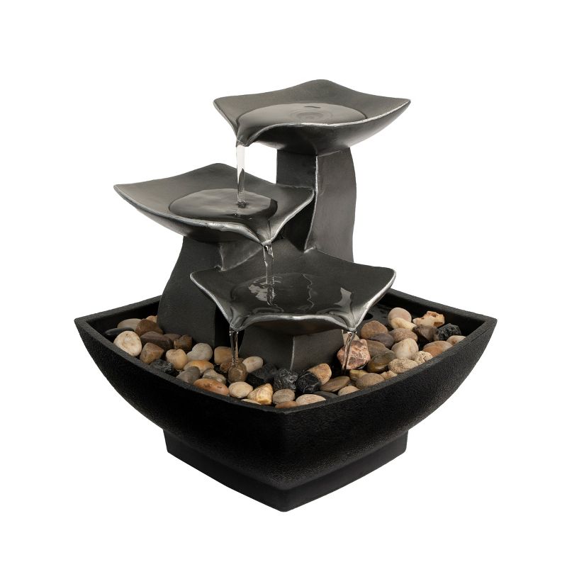 Nature Spring Tabletop Water Fountain With 3 Raku Bowls, River Rocks, and Electric Pump - 7", Silver and Black, 1 of 8