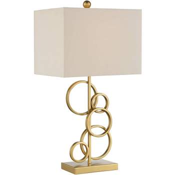 360 Lighting Saul Modern Table Lamp 26" High Brass Gold Metal Open Rings Oatmeal Fabric Rectangular Shade for Bedroom Living Room Bedside Nightstand