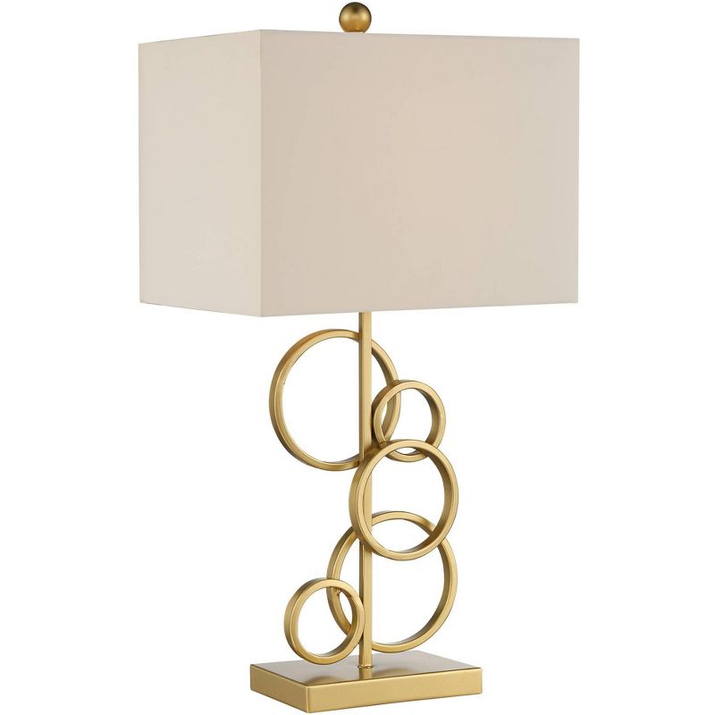 360 Lighting Saul Modern Table Lamp 26" High Brass Gold Metal Open Rings Oatmeal Fabric Rectangular Shade for Bedroom Living Room Bedside Nightstand, 1 of 9