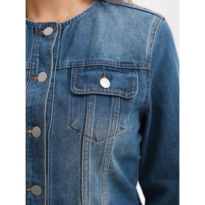 Женские куртки INSPIRE CHIC Women's Denim Collarless Button Down Chest Pocket Long Sleeve Jean Jackets Blue Medium — фото 5