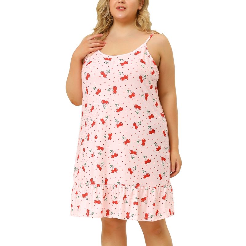 Agnes Orinda Women's Plus Size Sleeveless Fruit Ruffle Hem Nightgown, 1 of 7