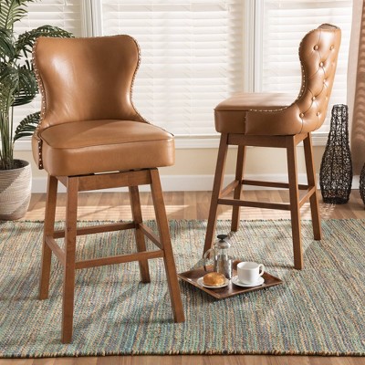 Walnut Wood and Tan Leather Swivel Barstool with Copper Accents
