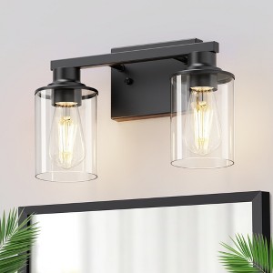 YANSUN 14.17 in. 2-Light Vintage Matte Black Vanity Light with Cylindrical Glass Shades, E26 Base Bathroom Fixture - 1 of 1