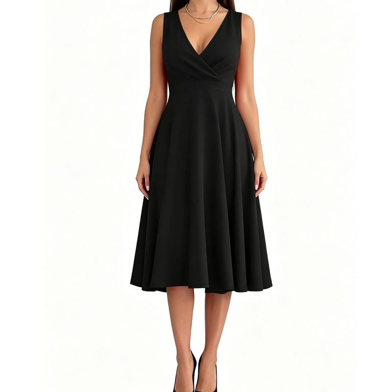 Women Sleeveless Wrap V Neck Midi Dress A Line Swing Fit Formal Cocktail Party Solid Skater Dress,BLACK,L