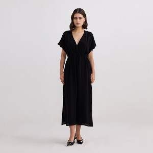 Reistor Womens V-neck Gathered Maxi Dress in Black - 1 of 4