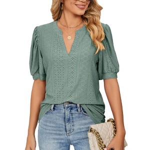 Clearlove Womens Puff Short Sleeve Casual Blouses V Neck T-Shirt Hollow Out Business Tops - 1 of 4