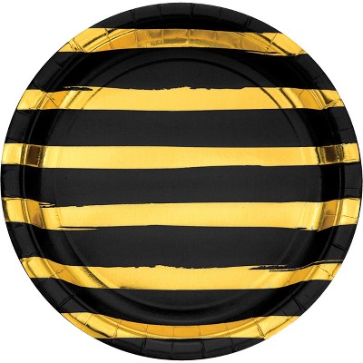 Black and Gold Foil Striped 9" Paper Plates - 8ct