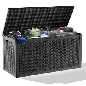 CAVINAS 100 Gallon All-Weather Outdoor Storage Box,UV-Resistant Polypropylene Resin Deck Box with Wood Grain Design for Outdoor Gardens,Patios,Black - 1 of 4